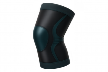Black knee brace in teal supporting athletes during recovery, stabilizing joint with ergonomic design on clear background