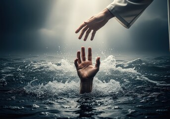 A hand reaching out from the water with another hand reaching down to help