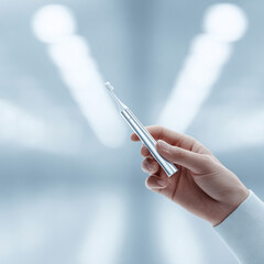 Hand holding a sleek, silver electric toothbrush against a blurred, clean backdrop. Promotes oral hygiene, modern technology, wellness,  selfcare. Ideal for healthrelated content.