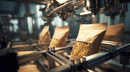 Pasta packaging process in a factory with modern machinery and realistic details