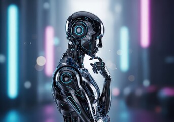 Side view of a reflective robot with hand on chin in a futuristic setting