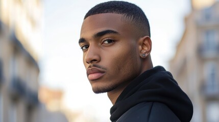 Fototapeta premium A young man with short hair and a beard, wearing a black hoodie, stands outdoors with a blurred urban background. The lighting is natural, suggesting daytime