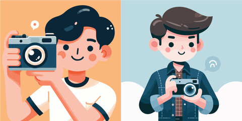 vector of a young man taking a picture or holding a camera