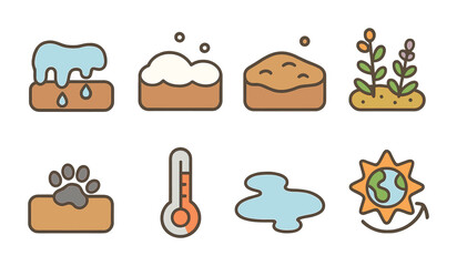 Fototapeta premium Seasonal Permafrost Icons. Flat vector mini-illustrations Seasonal changes in permafrost areas in colors