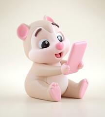 Obraz premium Cute cartoon chipmunk sits holding a pink phone