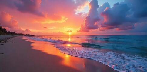 Fototapeta premium A picturesque beach scene at sunset, with calm waves lapping the shore and vibrant colors painting the sky Perfect for travel, vacation, and summer themes , shells, relaxing, paradise