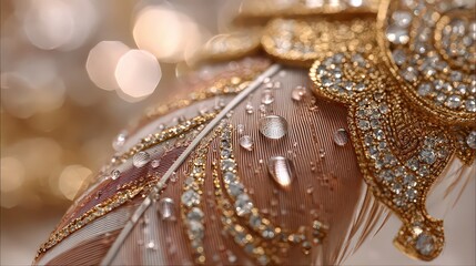 Fototapeta premium Close Up Elegant Feather Decorated With Golden Crystals
