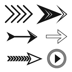 A collection of six black vector arrows pointing right. The arrows have varied designs, including a play button. This file has been uploaded to Adobe Stock.

