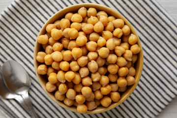 Organic Raw Canned Chickpeas in a Bowl, top view. Flat lay, overhead.