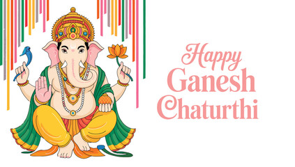 happy ganesh chaturthi greeting with lord ganesha holding lotus and bird, adorned with crown and jewelry on colorful striped background
