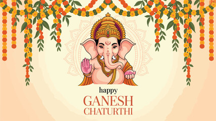 happy ganesh chaturthi greeting with lord ganesha illustration, floral garland and bold text on white background celebrating hindu festival