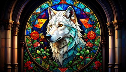 Stained Glass Wolf Portrait with Roses and Geometric Patterns in Circular Window