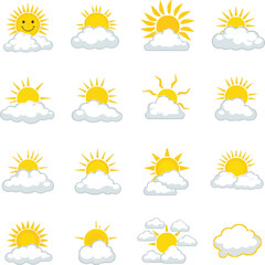 Fototapeta premium Summer sunny weather icon set with cartoon sun, cloud, and rain symbols for meteorology vector illustration art design