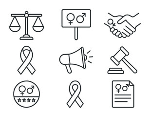 Gender Equality Icons. Outline icon set of gender equality movement: balance scales, protest sign, equality