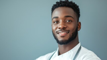 Fototapeta premium A young African-American man with a short beard and neatly styled hair, wearing a white shirt, smiling warmly against a plain light blue background. 