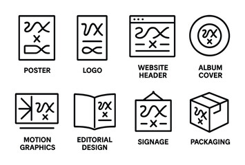 Experimental Font Icon Set. Outline icon set of experimental font applications: poster design, logo type,