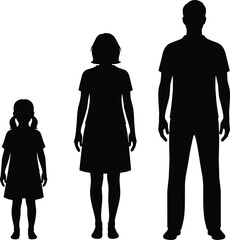 PrintFamily silhouette, child, woman, man, age progression, generational height, standing figures, black and white, human outline, family unity, growth stages, vector illustration