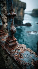 Weathered metal railing on cliff edge overlooking churning sea
