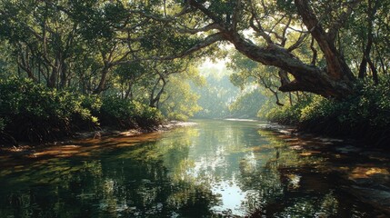 Fototapeta premium Lush mangrove forest waterway. Sunlight filters through the canopy above a calm river