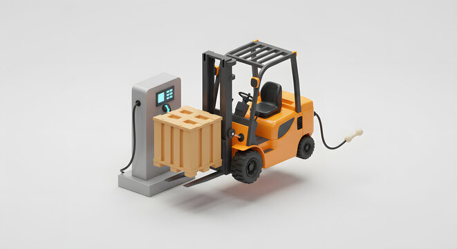 Electric Forklift Charging at Station with Crate. Sustainable Industrial Logistics & Green Technology 3D Render