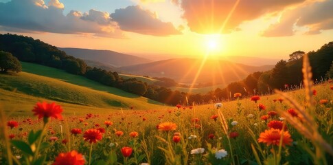Golden hour sunlight bathes a vibrant landscape in warm, summery hues Perfect for travel, vacation, and summer-themed projects Enjoy the idyllic scene!, scenery, field