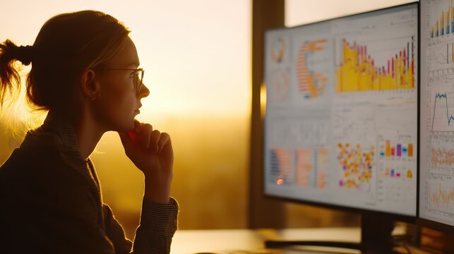 Focused female analyst examining data graphs on computer screen intently - Powered by Adobe