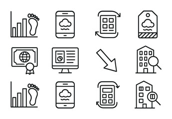 Carbon Accounting Icons. Outline vector icons of carbon accounting in buildings: carbon footprint chart,