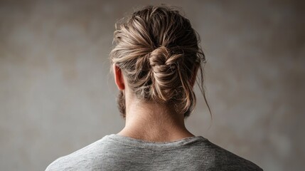 A person with a low bun hairstyle, wearing a gray t-shirt, viewed from behind against a neutral background. 