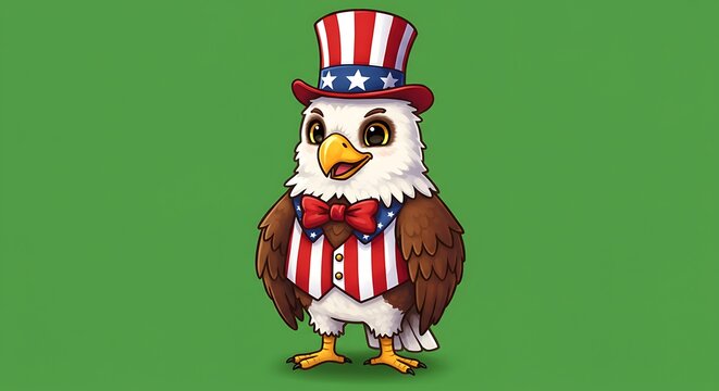 A cute cartoon eagle celebrates independence day with patriotic attire and charm - Powered by Adobe