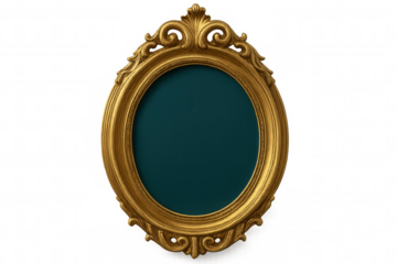 Oval golden vintage frame with teal colored empty space inside, isolated on transparent background