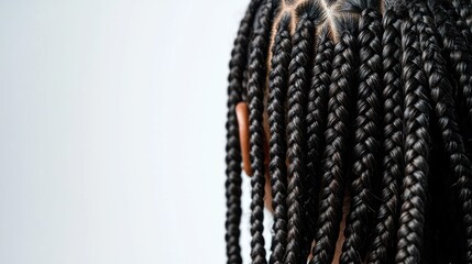 A close-up of tightly woven black braids against a plain white background. The texture is intricate and uniform, highlighting the skillful craftsmanship of the braiding technique.