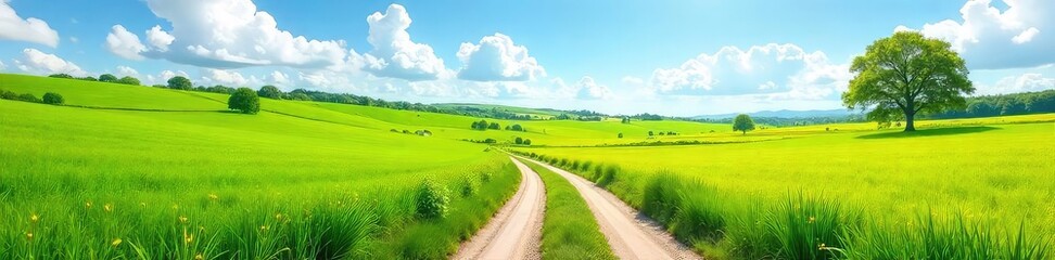 Serene country lane winding through lush green fields under a bright summer sky, perfect for idyllic backgrounds , nature, golden hour