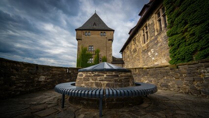 Historic Castle Courtyard With Tower Under Dramatic Cloudy Sky