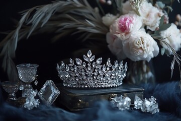 A diamond crown in floral pattern placed next to crystal trinkets and feathers 