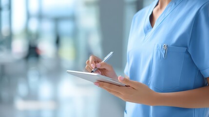 Healthcare professional taking notes on a digital tablet in hospital.