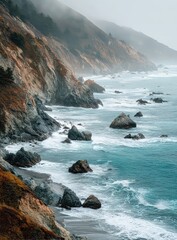Coastal Cliff Scene With Gray Mist