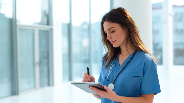 Diligent Nurse Taking Notes on a Tablet in Bright Hospital - Powered by Adobe