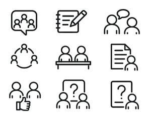 Academic Collaboration Icons. Outline vector icons of academic collaboration in lectures: group chat, shared
