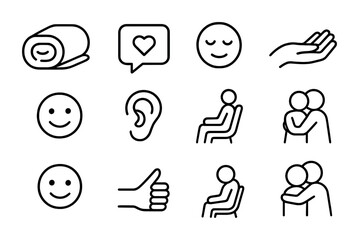 Emotional Support Icons. Outline vector icons of emotional support in healthcare: warm blanket, comforting