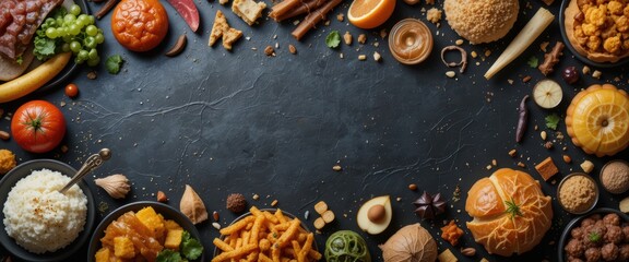 Abundant Food Spread on a Dark Textured Background