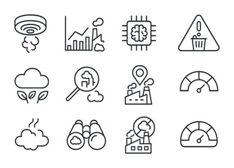Pollution Detection Icons. Outline vector icons of pollution detection and reduction: smoke sensor, emission