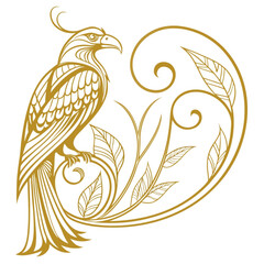 Minimilist golden phoenix perched on a leafy branch with decorative swirls and elegant feather details design element vector