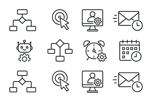Automation Icons Grid. Outline vector icons of automation in digital marketing: workflow diagram, trigger icon