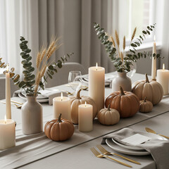 Refined Autumn Table Centerpiece with Neutral Pumpkins and Eucalyptus