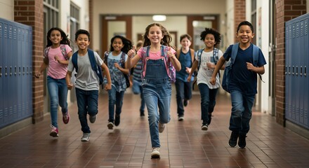 Obraz premium Joyful Diverse Group of Elementary School Children Running Down a School Hallway, Excited and Energetic with Backpacks, Concept of Education, Childhood, and Teamwork