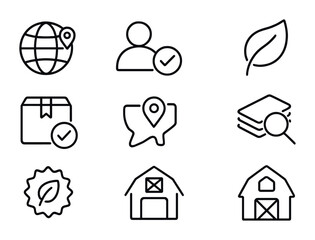 Sustainable Sourcing Icons. Outline vector icons of responsible sourcing: traceability icon, ethical supplier,