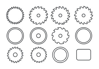 Saw Blade Icons. Outline vector icons of saw blade types: fine-tooth blade, ripping blade, crosscut blade,