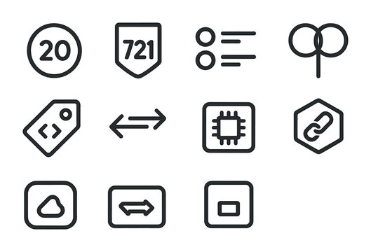 Blockchain Token Icons. Outline vector icons of token standards: ERC-20 token, ERC-721 badge, token list,