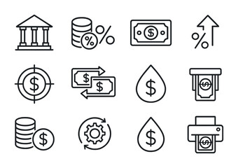 Monetary Policy Icons. Outline vector icons of monetary policy tools: central bank, reserve ratio, money