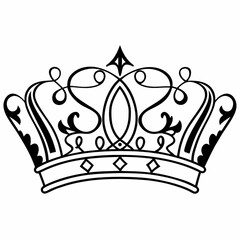 Minimilist detailed black and white drawing of an ornate crown with decorative swirls and diamond shaped jewels along the band vector